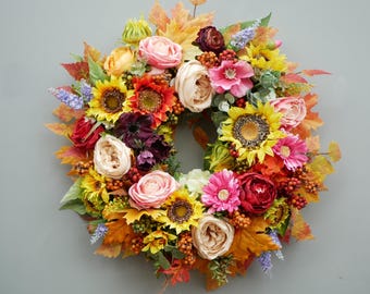 Floral Wreath: Summer Autumn Sunflowers, Roses, Berries (55-60cm Diameter)