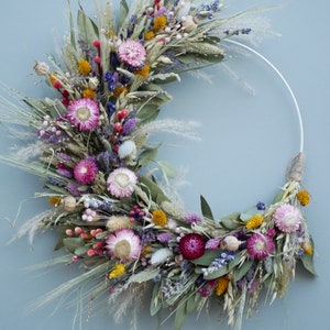 Summer wreath Dried flowers wreath Floral wreath Natural wreath Country style Rustic Dried flowers pink and blue flowers wreath Eucalyptus