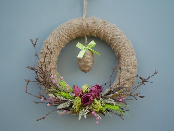 Easter Wreath, Spring decoration, Handmade Spring wreath,Easter decoration,Hessian decoration Flowers and eggs Rustic decoration