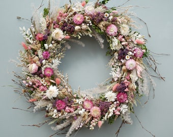 Summer wreath Dried flower Blush pink  wreath Floral wreath Natural wreath Country style Rustic Dried flowers pink and purple flowers wreath