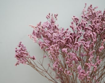 May include: A close-up of a bouquet of dried flowers with small, clustered blooms in shades of pink and purple. The delicate flowers are set against a soft gray background, creating a natural and elegant aesthetic. The stems are a light brown color.