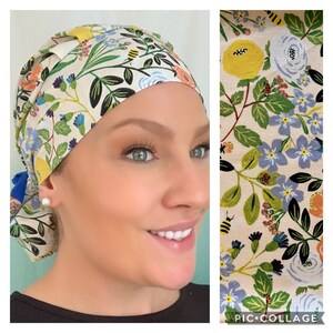 Floral Ponytail Surgical Cap, Bee Scrub Hat