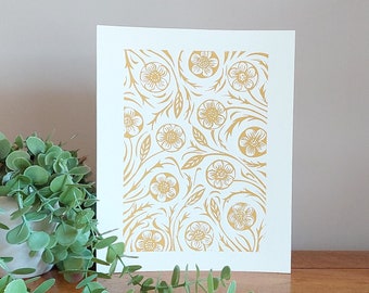 Ochre Floral Lino Print, Ochre wall art, 8x10", Buttercup block print, Mustard Yellow home decor, art print, Original art, Plant print