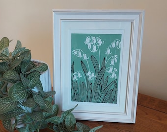 Bluebells lino print, White bluebells art, Sage green wall art, Spring flowers block print, Green home decor, Flowers handmade print,