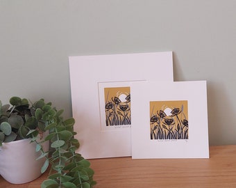 Wild Carrot Lino Print, Yellow Ochre wild flower print, Floral block print, Ochre wall art, 8x8 floral art, 8x8 print, Ochre home decor