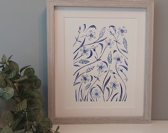 Stichwort Blossom Lino Print, Blue floral block print, 10x8 Prussian Blue art, Wild flowers Print, Blue home decor, Blue wall art,