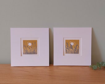 Ochre and grey Lino Prints, Landscape lino print, Reeds and Grasses Lino Print, Reeds and grasses art, Ochre ombre art, Ochre home decor