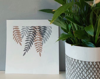 Mocha and grey leaves lino print, Tree leaves block print, Neutral wall art, 20x20 art, Trailing leaves lino print, plants wall art,