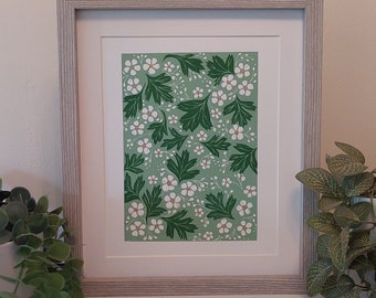 Green floral lino print, sage green wall art, botanical block print, floral wall art, spring flowers artwork, Hawthorn blossom print