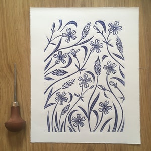 Stichwort Blossom Lino Print, Blue floral block print, 10x8 Prussian Blue art, Wild flowers Print, Blue home decor, Blue wall art, image 3