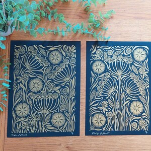 Flowers lino print, gold and black art, Floral Wall art, gold block print, Wild Carrot lino print, gold home decor, Art Nouveau style