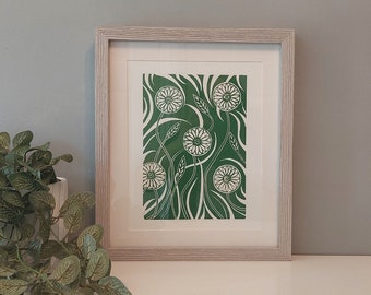 Green Daisies Patterned Lino print, Floral Handmade Print, Daisy Block Print, Green wall art, Green home decor, Original Art,