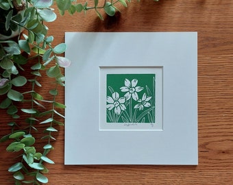 Daffodil lino print, Narcissus print, Daffodils art, Green Wall Art, green home decor, Flowers lino print, spring flowers art,