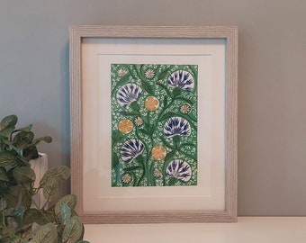 Wild flowers Lino Print, Floral block print, Green plants Art, 8x10" wall art, arts and crafts style artwork, 10x12" artwork, Handmade print