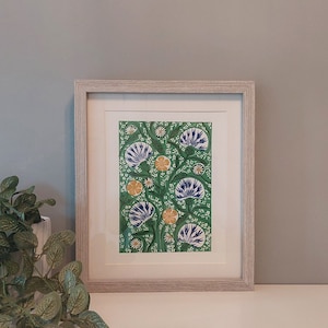 Wild flowers Lino Print, Floral block print, Green plants Art, 8x10" wall art, arts and crafts style artwork, 10x12" artwork, Handmade print