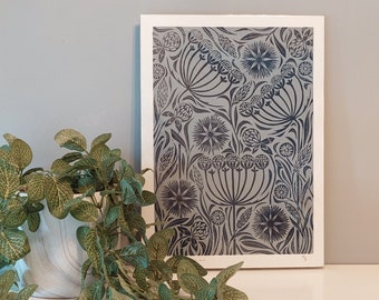 Flowers lino print, Navy and Grey art, Floral Wall art, Blue block print, Wild Carrot lino print  Blue and Grey home decor