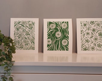 Set of Floral Lino Prints, Black wall art, 8x10" art, Ochre prints, Black block prints, Green prints set, co-ordinating art set, Flowers art