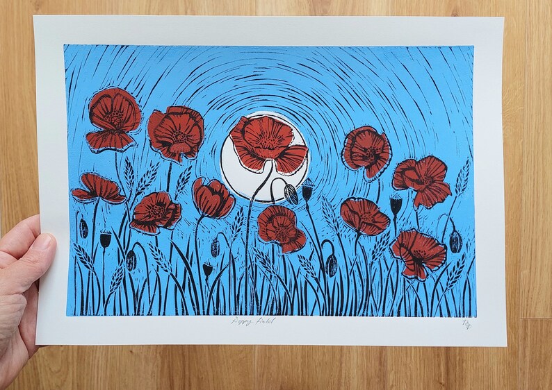Poppies Lino Print, Poppy field Print, Original Poppy Art, Red flowers block Print, flowers Print, Red wall art, Red flowers home decor, image 2
