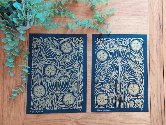 Flowers lino print, gold and black art, Floral Wall art, gold block print, Wild Carrot lino print, gold home decor, Art Nouveau style