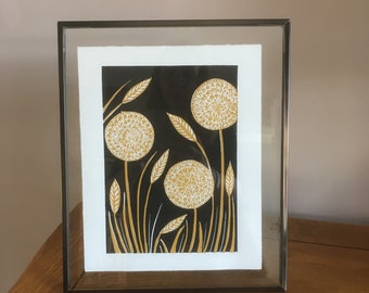 Dandelion Clock Lino Print, Dandelion seed head art, wall hanging, Ochre block print, 8x10 wall decor, Dandelion seed head art, Artwork