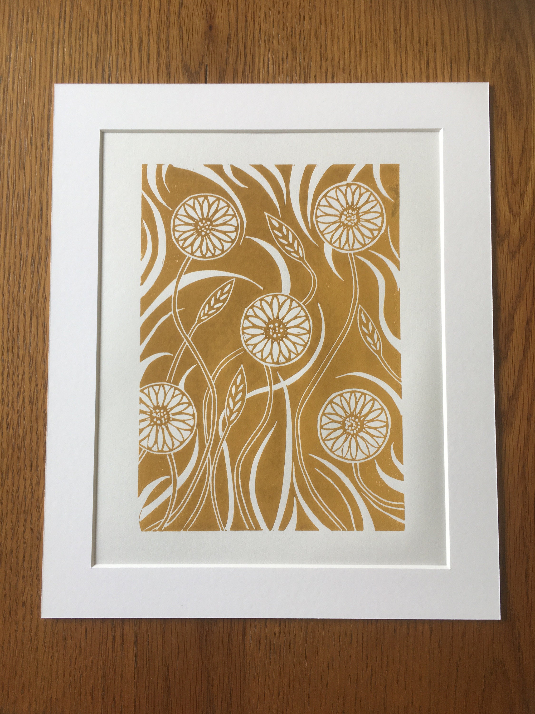 Ochre Wall Art Home Decor Floral Lino Print Etsy UK