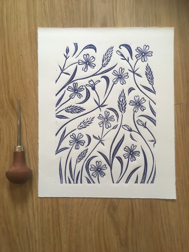 Stichwort Blossom Lino Print, Blue floral block print, 10x8 Prussian Blue art, Wild flowers Print, Blue home decor, Blue wall art, image 3