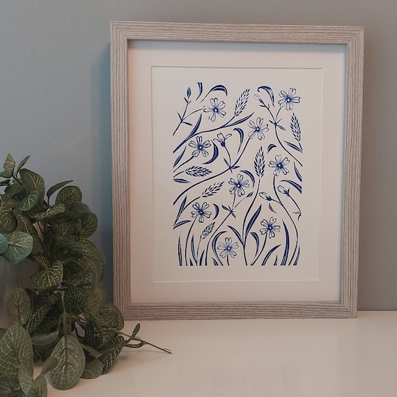 Stichwort Blossom Lino Print, Blue floral block print, 10x8 Prussian Blue art, Wild flowers Print, Blue home decor, Blue wall art,