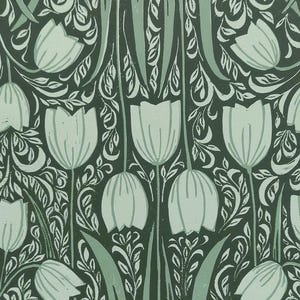 Tulip lino print, Green floral linocut, Tulip pattern art, spring flowers block print, Tulips art, A4 green art, Olive green art, Floral art image 6
