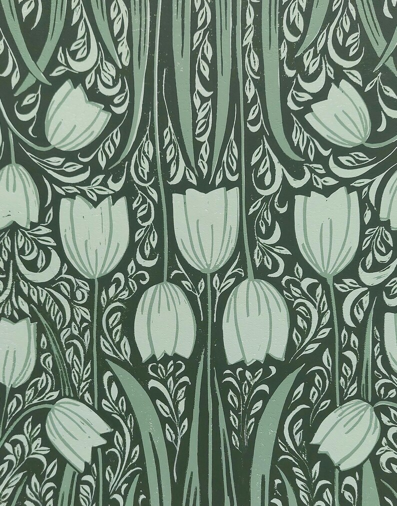 Tulip lino print, Green floral linocut, Tulip pattern art, spring flowers block print, Tulips art, A4 green art, Olive green art, Floral art image 6