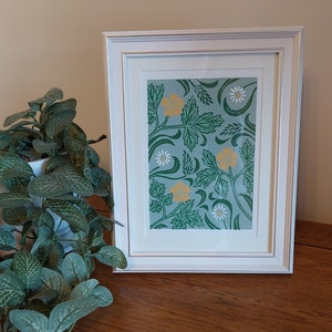 Wild flower lino print, Buttercups print, Daisies block print, 5x7 lino print, Olive green art, wild flower wall art, Buttercups art