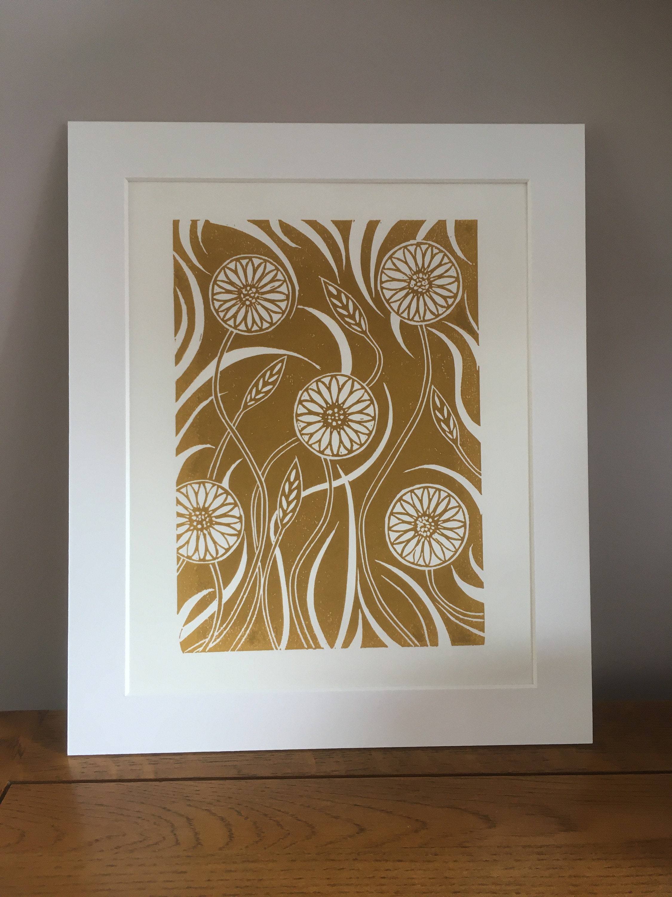 Ochre Wall Art Home Decor Floral Lino Print Etsy UK
