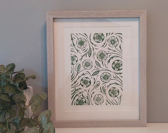 Green Floral Lino Print, Handmade print, 10x12", Buttercup pattern block print, Green home decor, Green art print, 8x10" art, Plant print