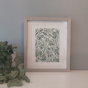 Green floral pattern Lino Print, 8x10" Art, Clover flowers block print, Green home decor, Wild flowers artwork, Handmade Print, Green art