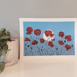 Poppies Lino Print, Poppy field Print, Original Poppy Art, Red flowers block Print, flowers Print, Red wall art, Red flowers home decor, image 1