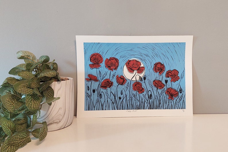 Poppies Lino Print, Poppy field Print, Original Poppy Art, Red flowers block Print, flowers Print, Red wall art, Red flowers home decor, image 1