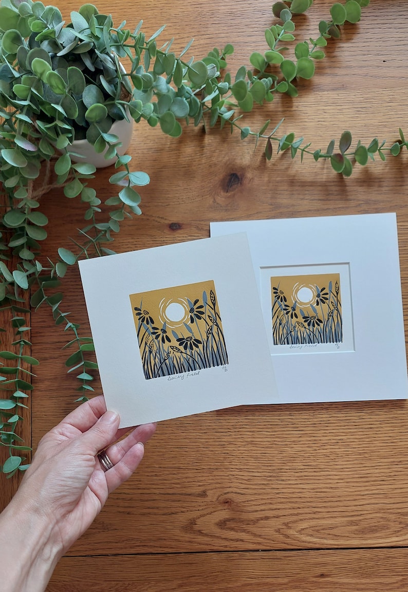 Daisy Ochre Lino Print, Wild flowers block print, Small Daisies Print, Ochre home decor, Ochre wall art, Floral lino Print, Mustard wall art image 6