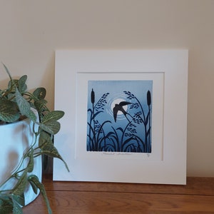 Swallow lino print artwork, Blue landscape block print, Blue wall art, Blue home decor, Landscape art, flying bird art