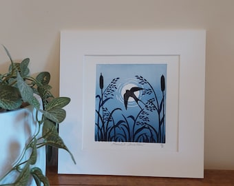 Swallow lino print, Blue landscape block print, Blue wall art, Blue home decor, Landscape art, flying bird art, small bird lino print