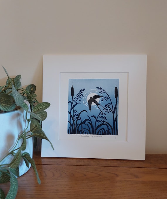 Swallow lino print artwork, Blue landscape block print, Blue wall art, Blue home decor, Landscape art, flying bird art