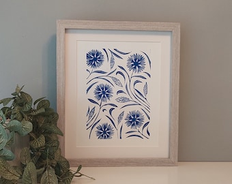 Cornflowers Lino Print, Blue floral Print, 8x10 flowers art, indigo floral home decor, 10x12 wall art, Blue block Print, Wild flowers art