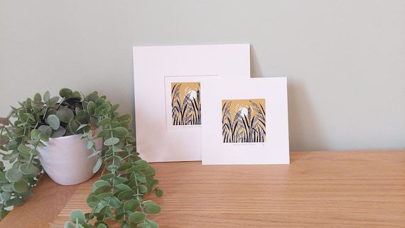 Bulrushes Lino Print, Bulrushes Art, Landscape artwork, Reeds Artwork, Ochre Block Print, Wild plants art, Ochre wall art, Ochre home decor