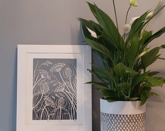 Grey Teasels Lino print,  Grey wall art, Teasel art, Hand carved print, Botanical Print, Wild flower artwork, Handmade Lino Print,