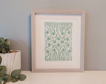 Sage Green Tulips Lino print, Tulips block print, Green floral lino print, 8x10 green art, sage green home decor, Spring flowers print