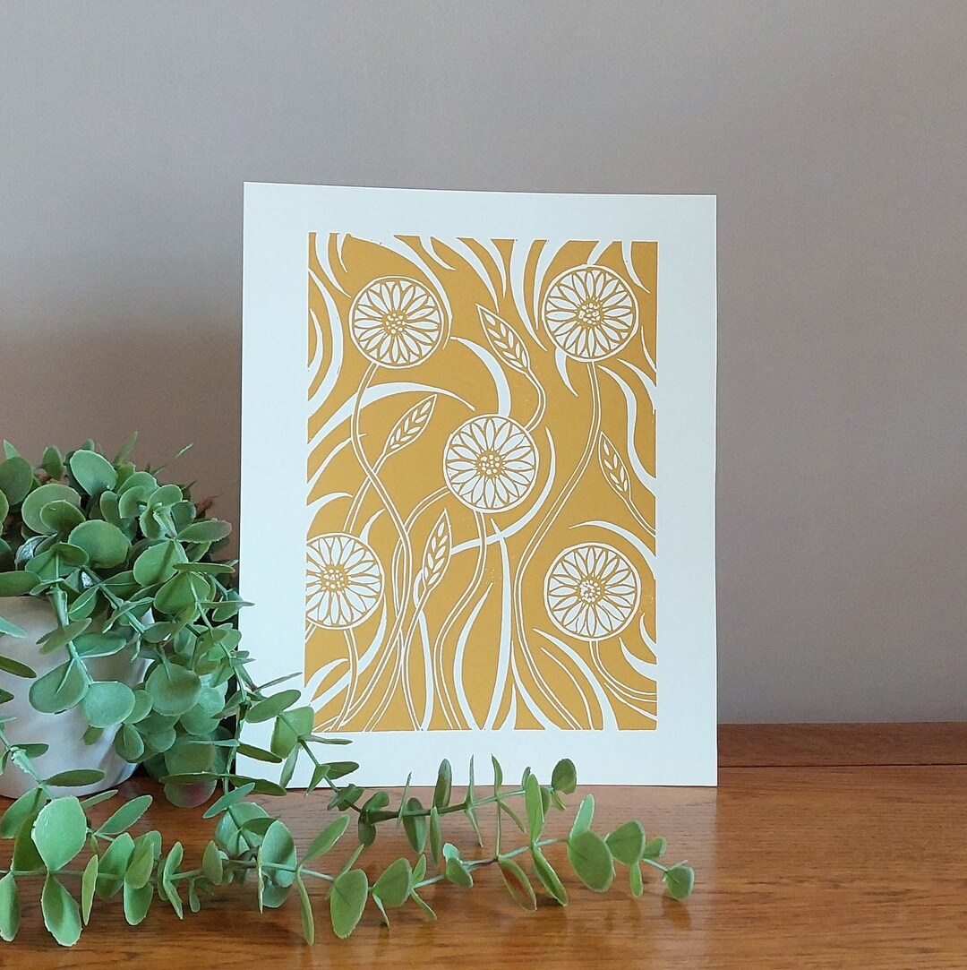 Ochre Wall Art, Home Decor, Floral Lino Print, Daisies Artwork, Block Print, Handmade