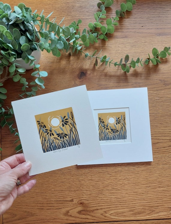 Daisy Ochre Lino Print, Wild flowers block print, Small Daisies Print, Ochre home decor, Ochre wall art, Floral lino Print, Mustard wall art