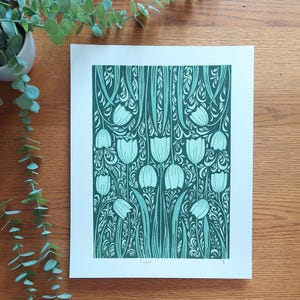 Tulip lino print, Green floral linocut, Tulip pattern art, spring flowers block print, Tulips art, A4 green art, Olive green art, Floral art image 4