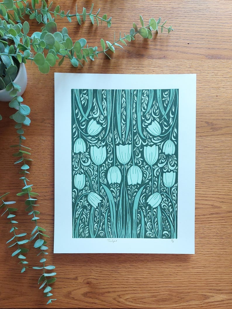 Tulip lino print, Green floral linocut, Tulip pattern art, spring flowers block print, Tulips art, A4 green art, Olive green art, Floral art image 4