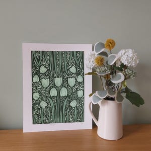 Tulip lino print, Green floral linocut, Tulip pattern art, spring flowers block print, Tulips art, A4 green art, Olive green art, Floral art image 2
