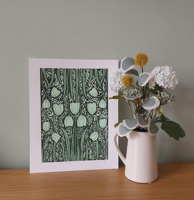 Tulip lino print, Green floral linocut, Tulip pattern art, spring flowers block print, Tulips art, A4 green art, Olive green art, Floral art image 2