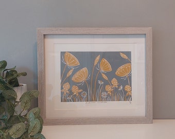 Summer Landscape Lino Print, grey and ochre print, block print, floral handmade print, 8x10" art, 10x12" artwork, flowers wall art, mustard